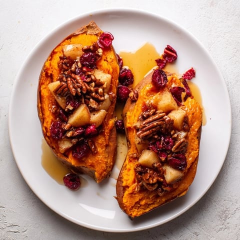 Golden, bursting Cranberry Apple Twice-Baked Sweet Potatoes, a delightful side dish for any fall meal.