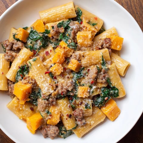 Creamy Rigatoni with Butternut Squash, a hearty pasta dish topped with Parmesan cheese, ready to serve.