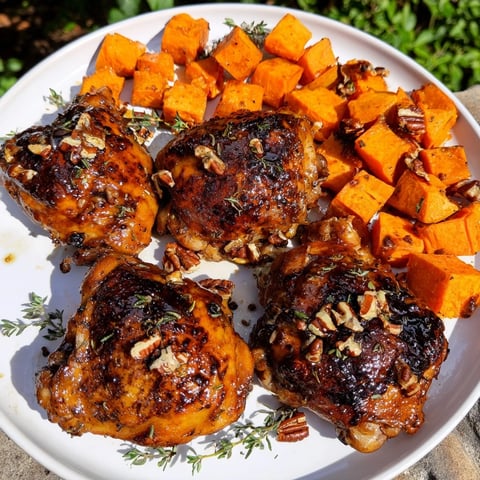 Golden-brown maple glazed chicken with tender sweet potatoes, perfect for a cozy, gluten-free dinner.