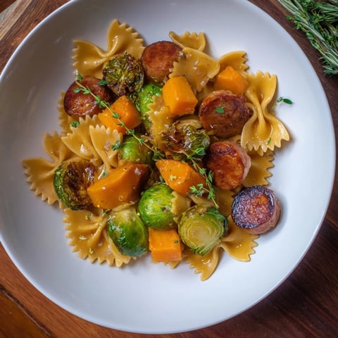 Golden roasted butternut squash and sausage mingle in this inviting Autumn Sausage Pasta dish.