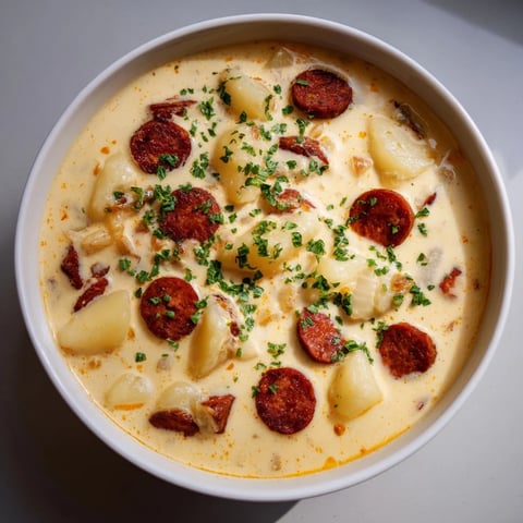 Steaming bowl of Creamy Chorizo Potato Soup, garnished with parsley, a comforting winter meal.