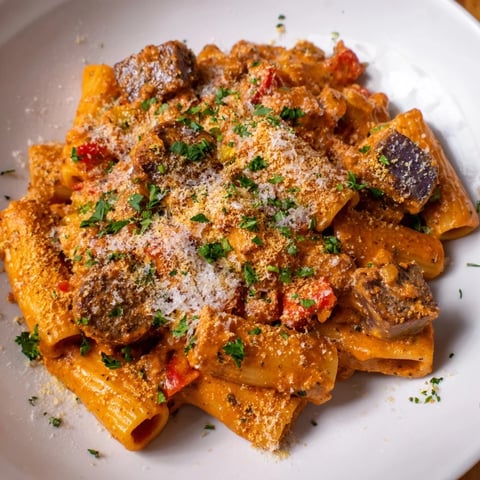 A bubbling dish of Spicy Vegan Chorizo Baked Pasta with a melted vegan mozzarella topping.