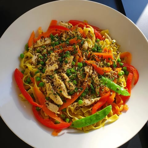Golden-brown Lemon-Garlic Chicken Stir Fry with noodles, sizzling fresh from the wok, ready to serve and enjoy.