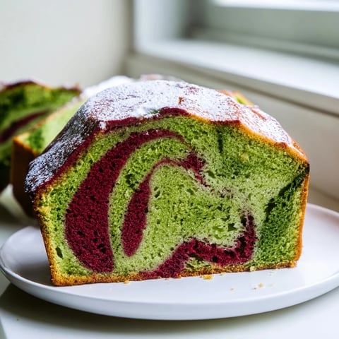 Moist slices reveal gorgeous red and green swirls of a matcha marble pound cake, perfect dessert.