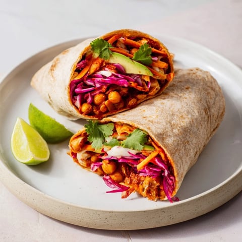 A close-up of a BBQ Chickpea & Slaw Wrap revealing layers of colorful slaw and smoky chickpeas.