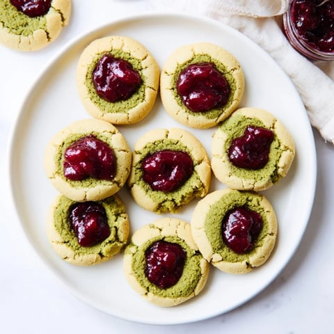 Golden-edged Matcha Cranberry Shortbread Thumbprint Cookies, showcasing a vibrant cranberry filling and matcha dusted.