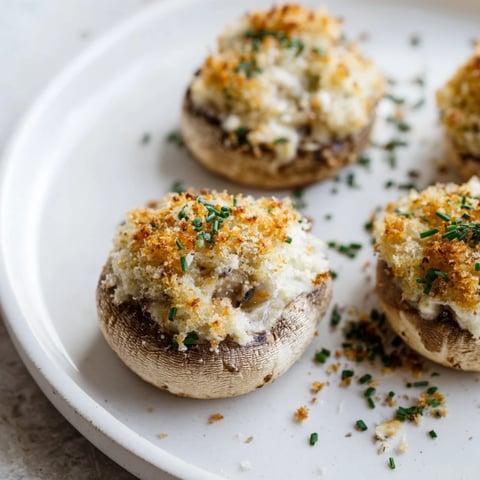 Golden, baked Stuffed Mushroom Caps arranged in a delicious ring with melted cheese and breadcrumbs.