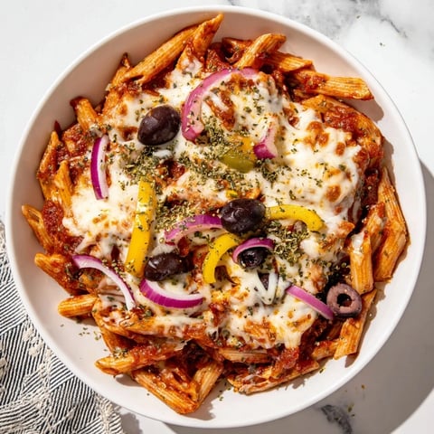 Steaming hot One-Pot Pizza Pasta Express, a family favorite with melted cheese and delicious toppings.