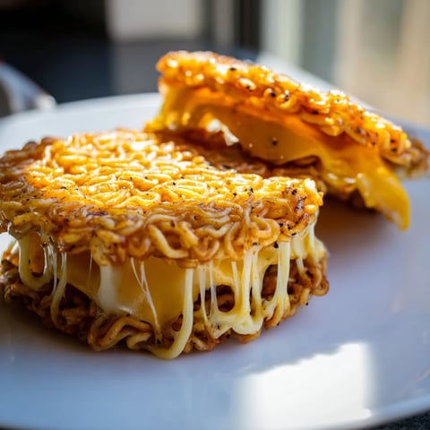 A melted cheese pull from a golden Ramen Grilled Cheese, ready for a satisfying bite.