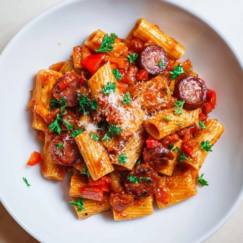Smoky Spanish Chorizo Pasta, glistening with chorizo and bell peppers, ready to be served.