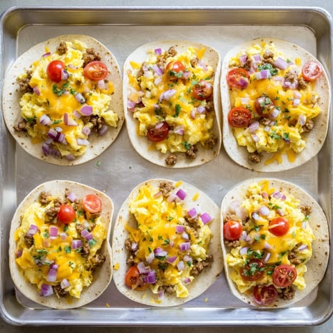 Golden-brown Sheet Pan Breakfast Tacos sit on a baking sheet, filled with fluffy eggs, melted cheese, and fresh avocado.  