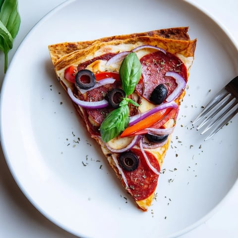 A crispy, golden-brown Tortilla Pizza Wrap, folded like a triangle and filled with melted mozzarella, pepperoni, and red onion slices.