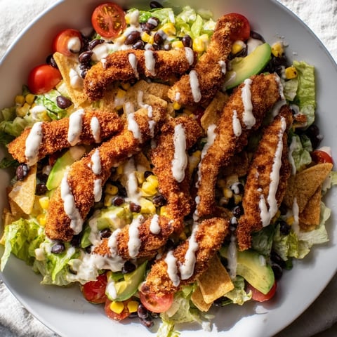 Crispy Chicken Taco Salad with golden breaded chicken strips, fresh romaine, and creamy salsa ranch drizzle.