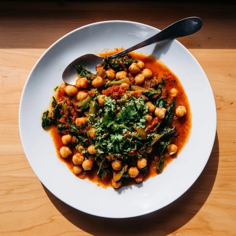 A steaming bowl of chickpea and spinach curry, garnished with fresh cilantro.  