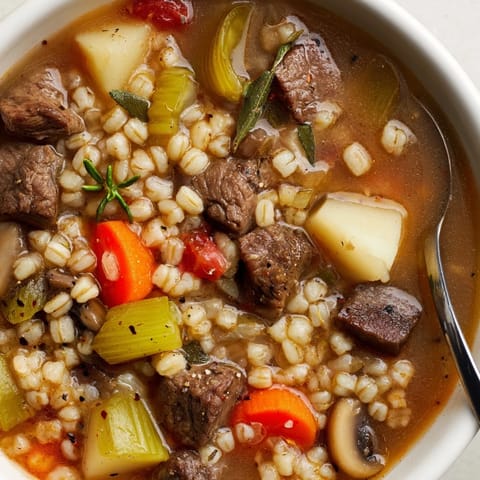 Warm bowl of Beef and Barley Comfort Stew, perfect for chilly evenings and family meals.  