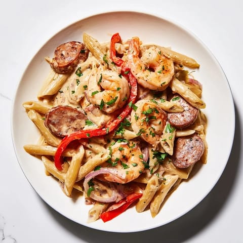 Spicy Cajun Sausage & Shrimp Alfredo Pasta Skillet with tender shrimp and perfectly cooked pasta, ready to eat.