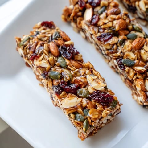 These homemade Granola Bars with pumpkin seeds and cranberries look chewy, golden-brown, and delicious.