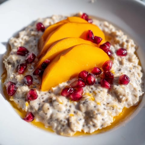 Freshly prepared Overnight Oats with Persimmon, garnished with bright red pomegranate seeds, perfect for morning.
