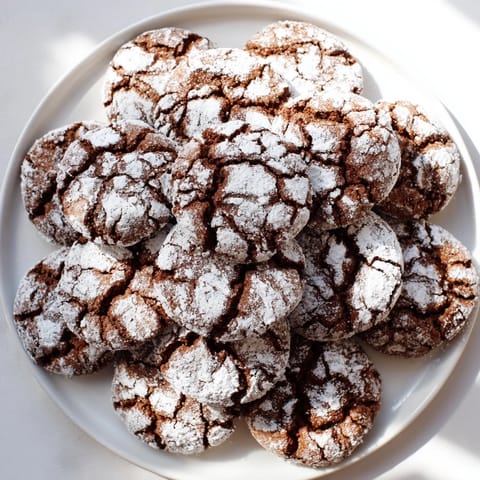 Close-up of freshly baked Chocolate Gingerbread Crinkle Cookies: fudgy, festive holiday treats.