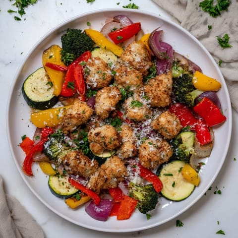 A close-up of a pan of Garlic Parmesan Chicken Bites, golden and ready to be served.