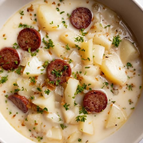 A close-up shot of the rich, thick Creamy Chorizo Potato Soup with visible chunks of potato.