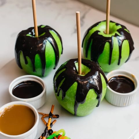 A festive party board featuring delicious poison apples with caramel and chocolate dips.