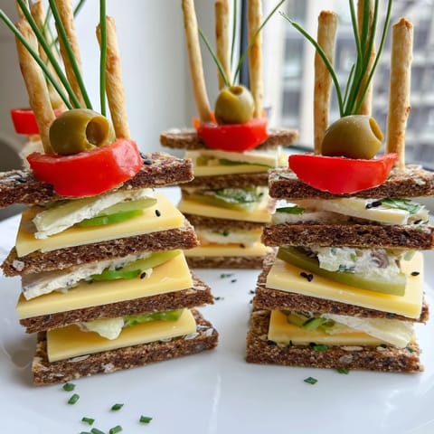 Vibrant Urban Skyscraper Appetizers with stacked cheddar, gouda, and cucumber slices ready to be enjoyed.