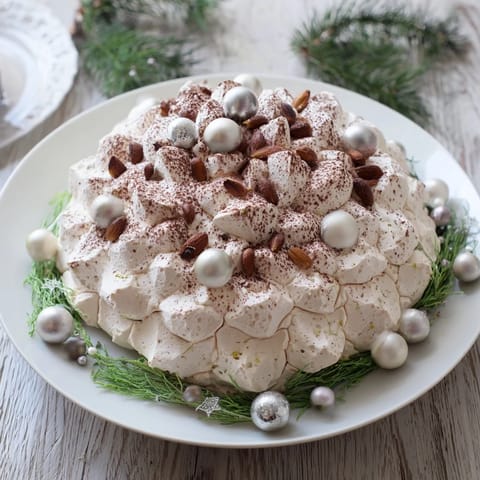 A frosted Table dHiver Sapin et Flocons with a light, airy white chocolate mousse topping.