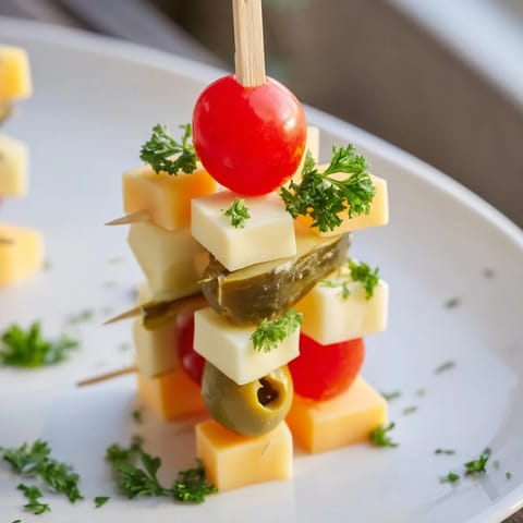 Festive Cube Cheese Stack: Colorful cheese cubes artfully stacked with olives, tomatoes, and parsley for a simple, elegant appetizer.