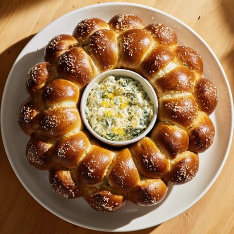 A warm, bubbly Pretzel Wreath Dip Ring, perfect for sharing and dipping with family and friends.