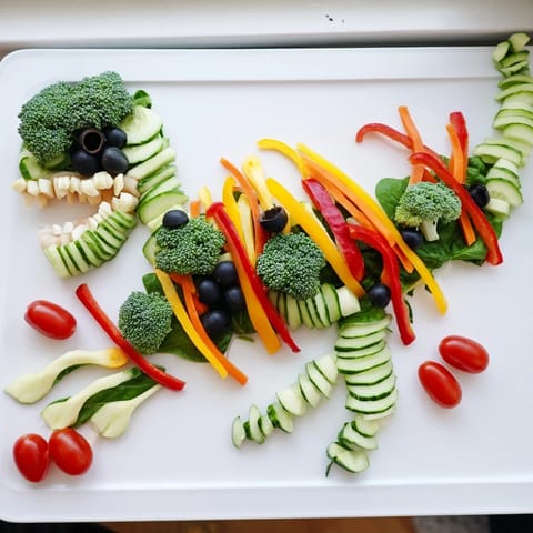 A colorful T-Rex Fossil Crudités appetizer, with cucumber bones, bright bell peppers, and fresh broccoli florets.