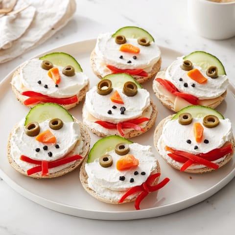 These adorable snowman mini bagel sandwiches feature colorful vegetable decorations, perfect for a fun meal.