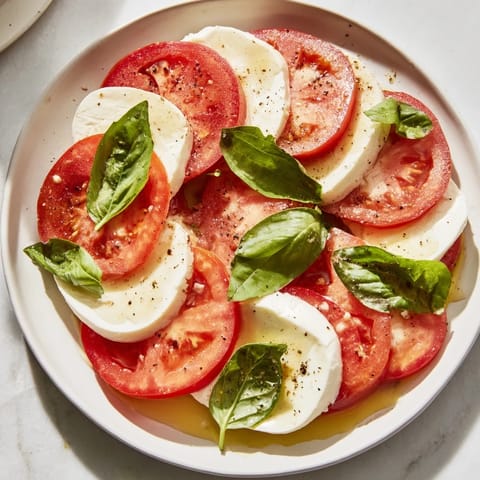 Vibrant sliced tomatoes and mozzarella rounds, drizzled with olive oil and adorned by fresh basil leaves.