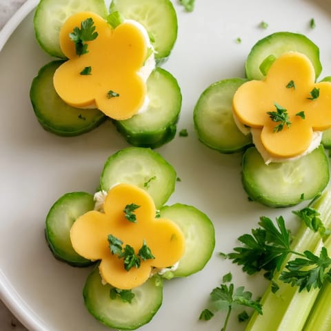 Festive Lucky Four-Leaf Clover Snack features cucumber "leaves" and a halved grape in the center.