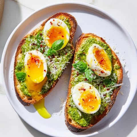 Golden sourdough toast topped with creamy pesto and vibrant Pesto Egg Toast garnishes.