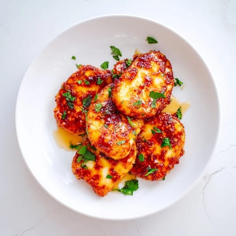 Vibrant appetizer of fried Hot Honey Halloumi, garnished with parsley and lemon wedges.
