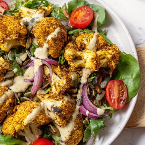 A close-up shows the creamy tahini sauce drizzled over fresh ingredients of the Crispy Cauliflower Salad.