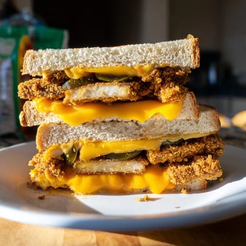 Sizzling close-up of a spicy crispy tofu grilled cheese sandwich, ready to be sliced and served.