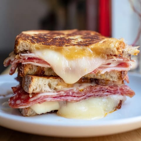Indulge in this melty Charcuterie Grilled Cheese featuring layers of savory meats and warm cheese.