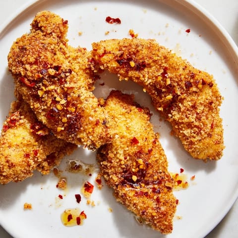 Close up shot of juicy crispy panko chicken tenders with drizzle of hot honey sauce.