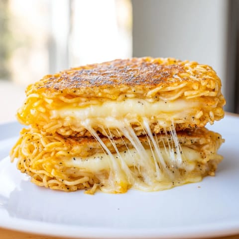 Crispy ramen buns sandwich gooey melted cheese in this comforting Ramen Grilled Cheese recipe.