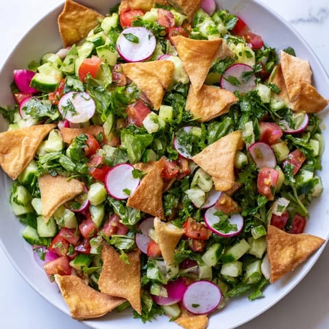 Fresh Lebanese Fattoush Salad, featuring vibrant colors of a summer garden with a tangy dressing.