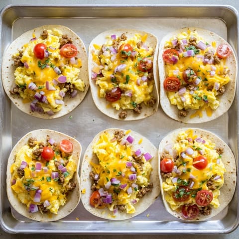 Golden-brown Sheet Pan Breakfast Tacos sit on a baking sheet, filled with fluffy eggs, melted cheese, and fresh avocado.  