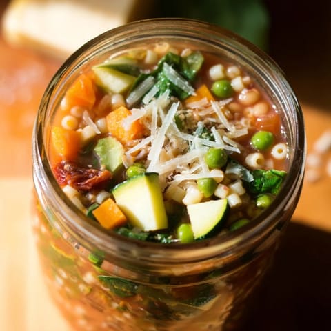 A sealed mason jar of hearty Minestrone Soup, perfect for meal prep, displaying dried pasta and colorful vegetables ready to be transformed.