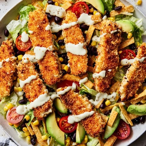 A hearty Crispy Chicken Taco Salad topped with tortilla strips, black beans, corn, and diced avocado.