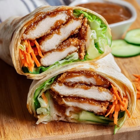 Golden Honey Chili Crunch Chicken Wrap sliced in half, revealing layers of juicy pan-seared chicken, fresh romaine, and crisp cucumber nestled in a soft tortilla.