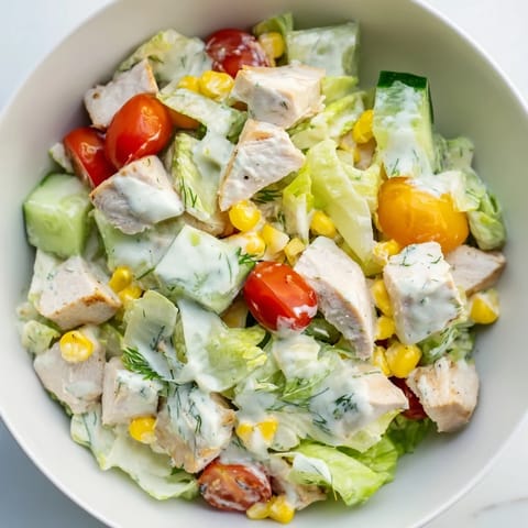 Vibrant bowl of Ranch Chicken Chopped Salad featuring juicy chicken, crunchy cucumbers, and creamy Greek yogurt ranch dressing drizzled over fresh greens.