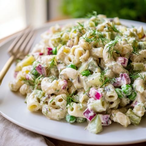 A close-up of creamy dill pickle pasta salad in a white bowl, featuring ditalini pasta, diced pickles, peas, and fresh dill garnish.  