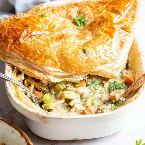 Savory Chicken and Leek Pie with a golden crust, served hot and ready for a comforting dinner.
