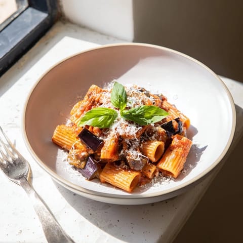 Pasta Alla Norma is served in a rustic bowl, topped with crumbled ricotta salata and fresh basil leaves.